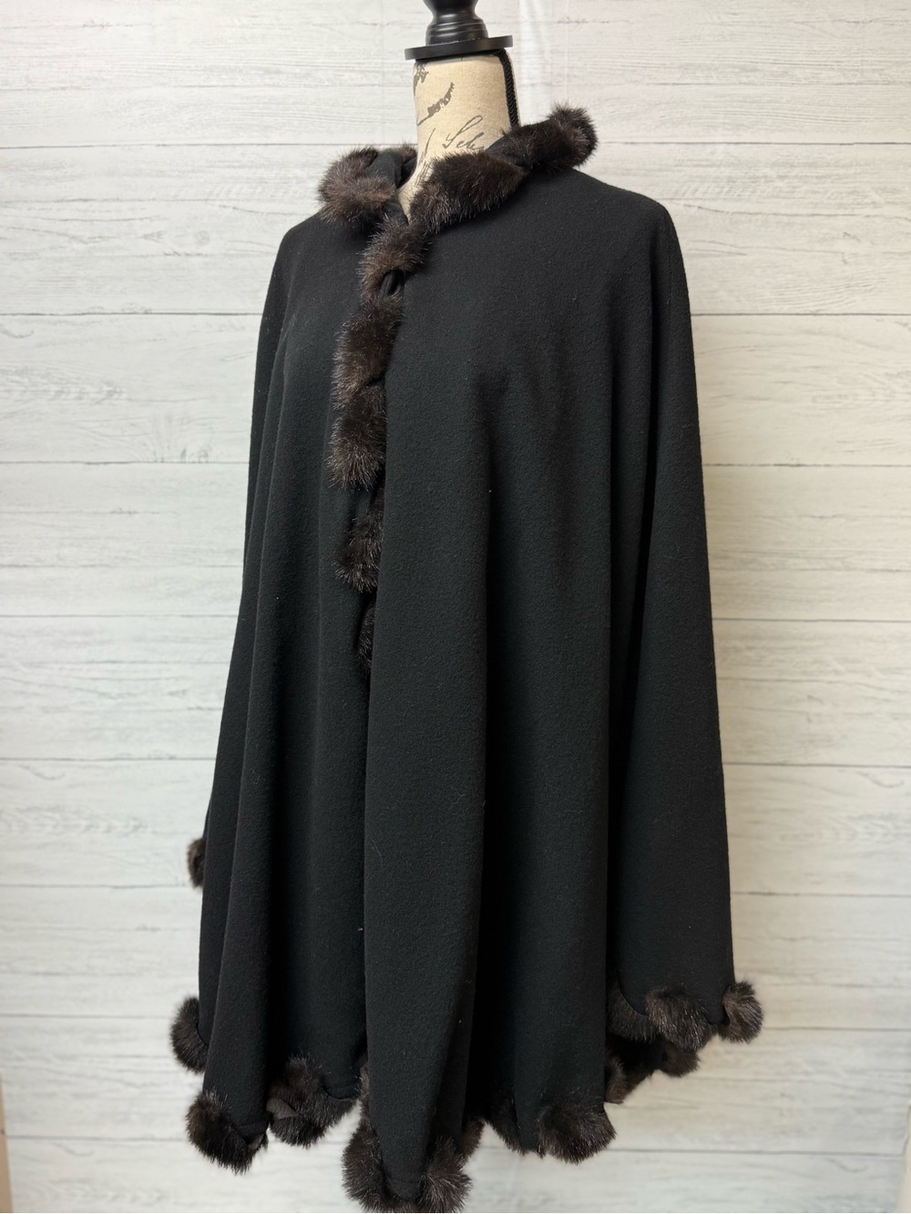 Vintage Black Wool Cape with Brown Fur Trim by Marvin Richards
